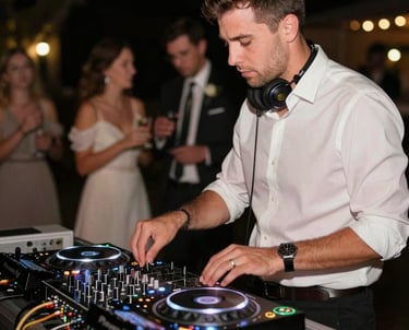 A DJ mixing music at a lively wedding reception with colorful lights.