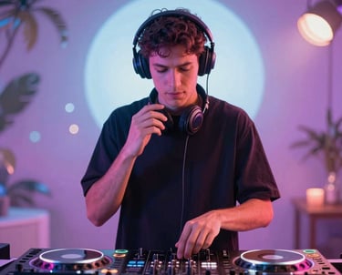 A DJ mixing music at a lively wedding reception with colorful lights.