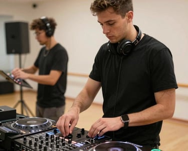 A DJ mixing music at a lively wedding reception with colorful lights.