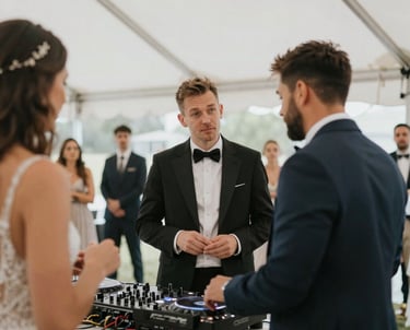 A DJ mixing music at a lively wedding reception with colorful lights.