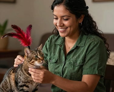 A portrait of a smiling Latin American woman in a forest green shirt, playing with a cat using a crimson feather toy. Warm indoor lighting.