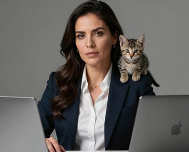 A portrait of a professional Latin American woman sitting at a desk with a laptop, while a small kitten sits on her shoulder. Professional photography style.