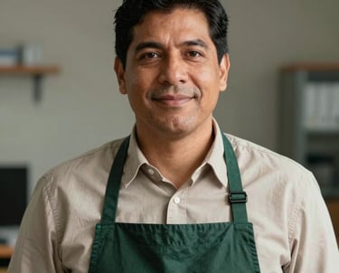 A portrait of a Latin American man in a professional setting, looking at the camera with a friendly expression. He is wearing a dark forest green apron over a beige shirt.