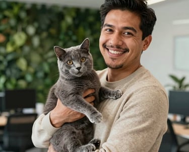 A portrait of a Latin American man in a beige sweater, holding a friendly gray cat and smiling. He is in a bright, modern office with forest green accents.