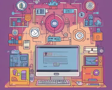 A sleek laptop displaying a modern website with deep blue and teal accents.