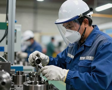 Close-up of a technician inspecting industrial components with a magnifying glass under bright factory lights.
