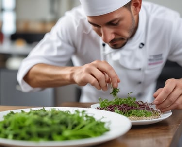 Close-up of a chef garnishing a gourmet dish with fresh microgreens in a professional kitchen.