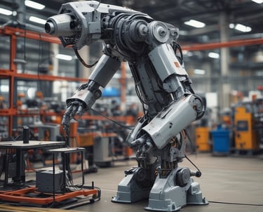 A sleek industrial robot arm assembling components in a modern factory.