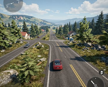 A sleek racing wheel and pedals setup glowing under ambient lighting.