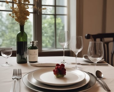 A beautifully set dining table with a gourmet meal being served by a chef.