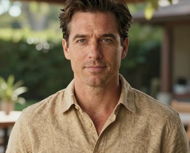 A professional headshot of a man in a tan linen shirt, with a confident expression, set against a North American garden patio background in bright natural light.