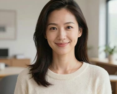 A professional headshot of a woman in a cream sweater, friendly and approachable, set against a clean modern North American interior background with soft lighting.