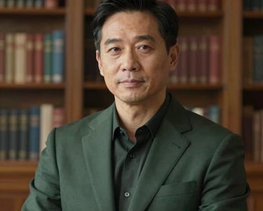 A professional headshot of a man in a charcoal green suit, with a trustworthy and focused expression, set against an elegant library background in a North American home.
