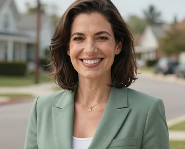 A professional headshot of a woman in a sage green blazer, smiling warmly, with a North American suburb blurred in the background and soft natural lighting.