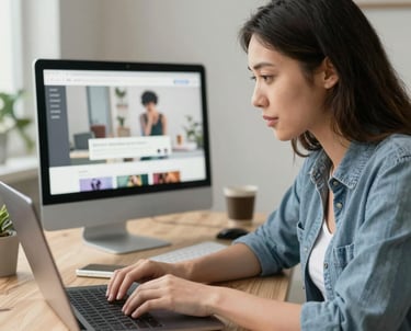 A sleek laptop displaying a modern, clean website interface with Monterey coastline in the background.