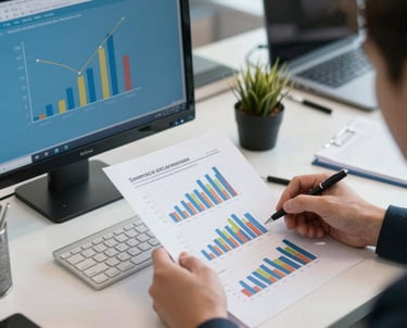 A business consultant reviewing financial charts with a client in a cozy office.