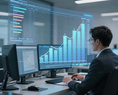 A business professional analyzing financial charts on a digital dashboard.