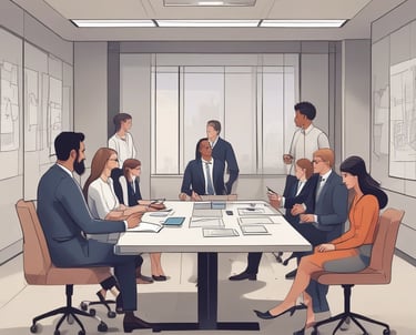 A team of professionals in a modern office discussing a business deal with documents and laptops.