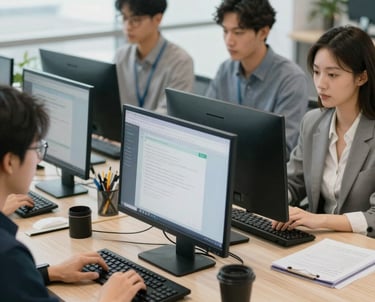 A professional team collaborating in a modern office with technology and logistics elements.