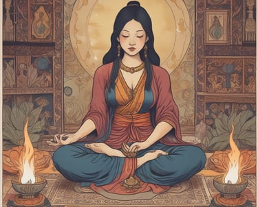 A warm, softly lit tarot deck spread on a wooden table with crystals and candles.