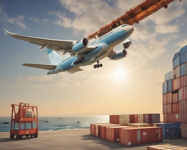 A bustling shipping port with containers being loaded onto cargo ships under a clear sky.