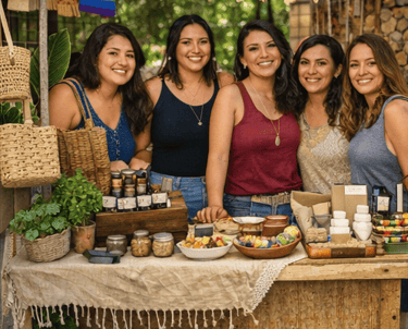 Emprendedoras Mexicanas venden artesanías hechas a mano y productos artesanales locales en un puesto