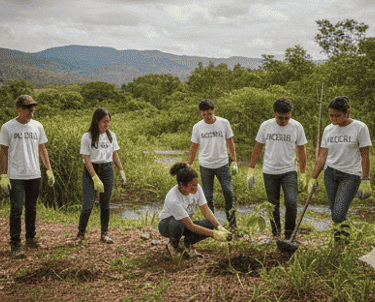Voluntarios IxChel con camisetas blancas a juego plantando árboles en un proyecto de reforestación