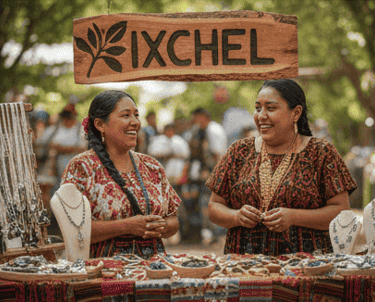 Mujeres sonrientes vendiendo joyas artesanales hechas a mano en un puesto del mercado al aire libre
