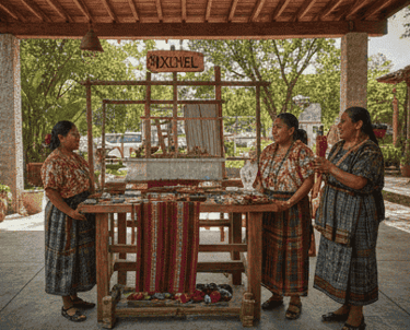 Mujeres indígenas mayas con la vestimenta tradicional huipil mostrando productos hechos a mano