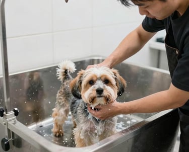 High-quality shot of a professional North American groomer washing a small dog in a stainless steel tub at a bright, high-end North American pet spa.