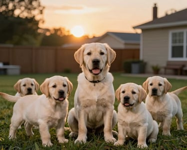 A warm scene in a North American backyard where a breeder is sitting on the grass surrounded by five playful yellow Labrador puppies during sunset.