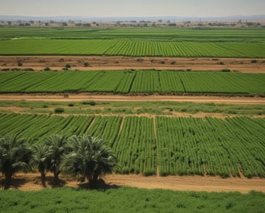 Lush green Egyptian farm fields with ripe crops ready for harvest under a clear blue sky.