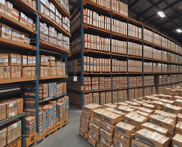 Stacks of packaged food and FMCG products neatly arranged in a modern warehouse ready for export.