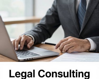 Business lawyer advising a client in a modern office setting.
