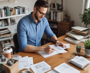A small business owner reviewing financial documents with a calculator and laptop.