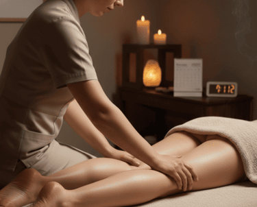 Masajista profesional realizando un relajante masaje linfático en un spa con velas e iluminación cá
