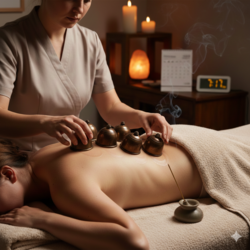 masajista con uniforme beige, haciendo masaje descontracturante con ventosas