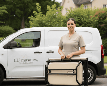 Masajista profesional sosteniendo una mesa portátil al lado de una camioneta de spa móvil de marca.