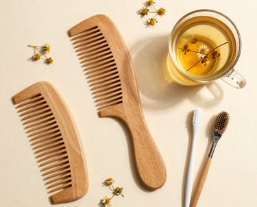 A high-angle flat lay photography of botanical ingredients, beauty tools like a wooden comb, clean manicure tools, and chamomile tea on a warm ivory surface. Minimalist and cozy styling, natural soft shadows, warm inviting light.