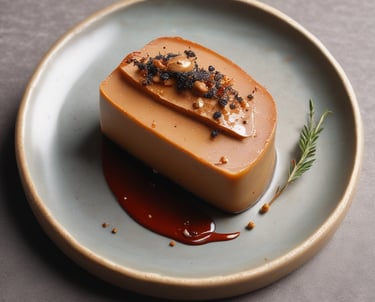 Close-up of artisanal foie gras served on rustic wooden board with fresh herbs