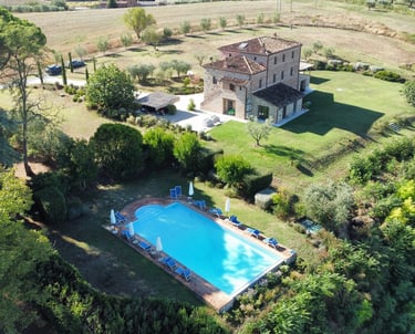 Aerial view Villa Alta -  Domaine Cesarini estate with private pool, Umbria, Italy