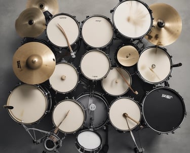 Close-up of hands playing a drum set in a dimly lit studio.
