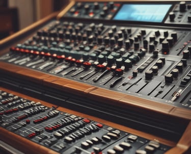 Composer working at a mixing console surrounded by film monitors.