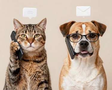 Un gato atigrado y un perro con gafas utilizan teléfonos inteligentes para comunicarse