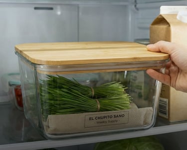 Hand reaching for a glass food storage container with a bamboo lid containing fresh wheatgrass in a refrigerator.