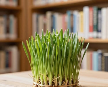 Fresh green wheatgrass growing on a wooden table in front of a blurred library bookshelf.