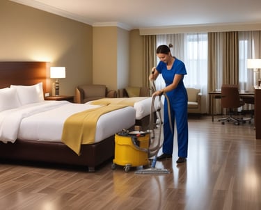 A professional cleaner using a high-pressure washer outside a commercial building.