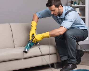 A technician carefully cleaning a sofa using an injector-extractor machine in a cozy living room.