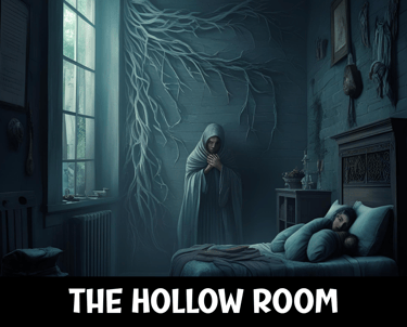 a woman in a white robe is shown in a dark room