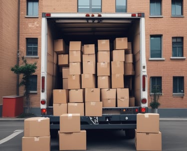 A team carefully loading furniture and machinery onto a truck outside a warehouse in Galicia.